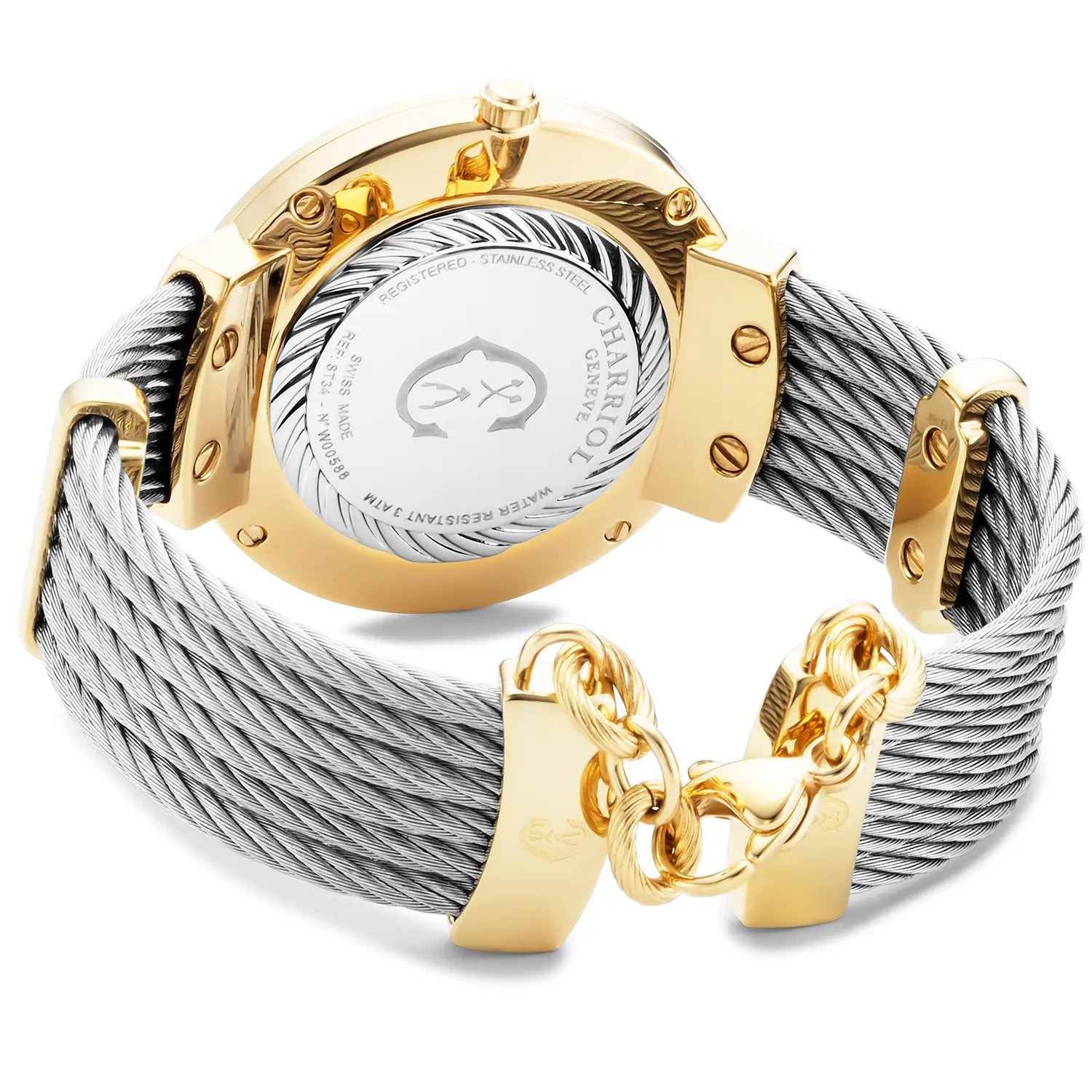 スリム、34mm、クォーツキャリバー、マザーオブパール、12個のダイヤモンドをあしらった文字盤、"CHARRIOL CHARRIOL " ベゼル、スティール製ケーブルブレスレット -Charriol ジュネーブ - 時計