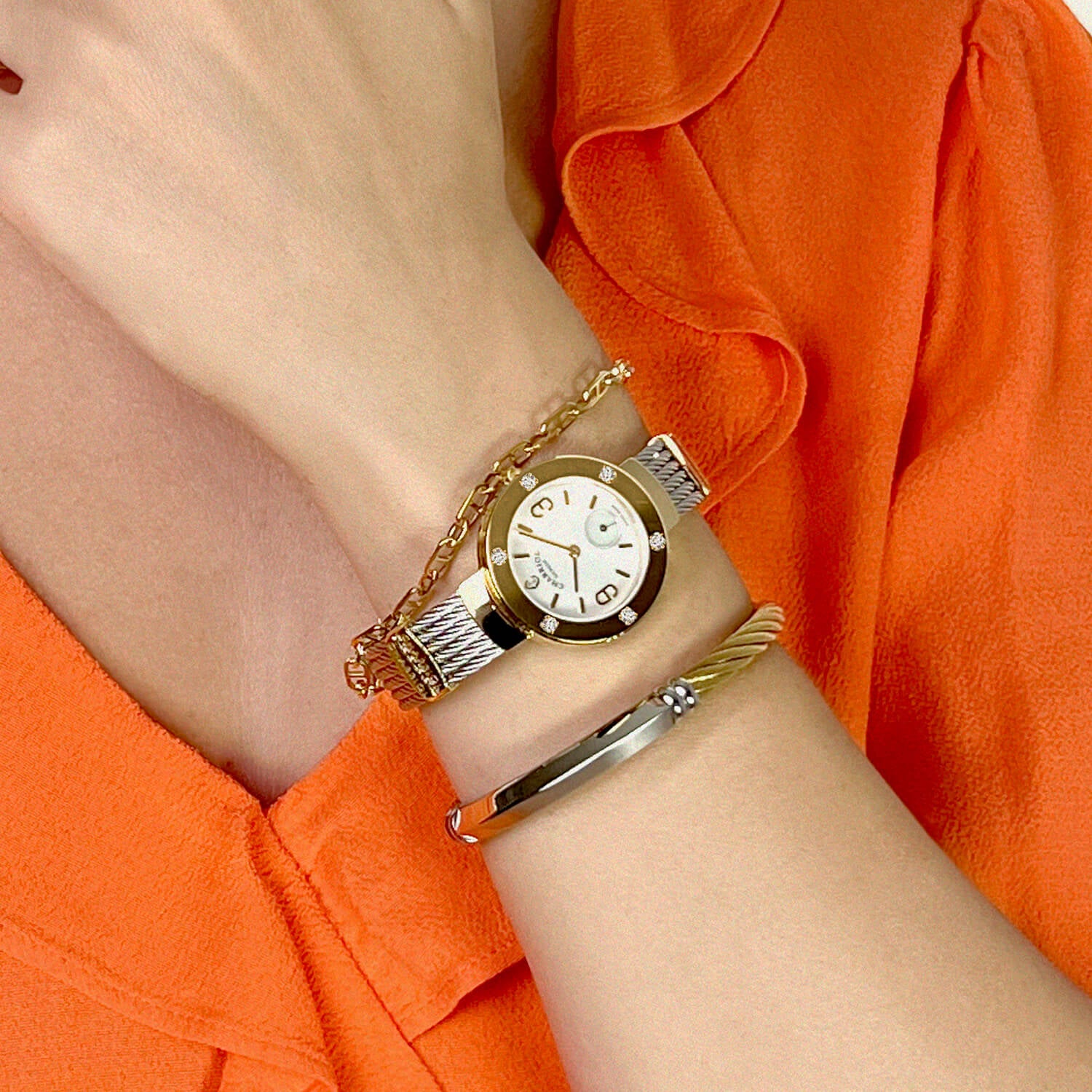 ST TROPEZ, 30MM, QUARTZ CALIBRE, MOTHER-OF-PEARL DIAL, YELLOW GOLD PVD WITH 6 DIAMONDS BEZEL, STEEL CABLE BRACELET - Charriol Geneve -  Watch