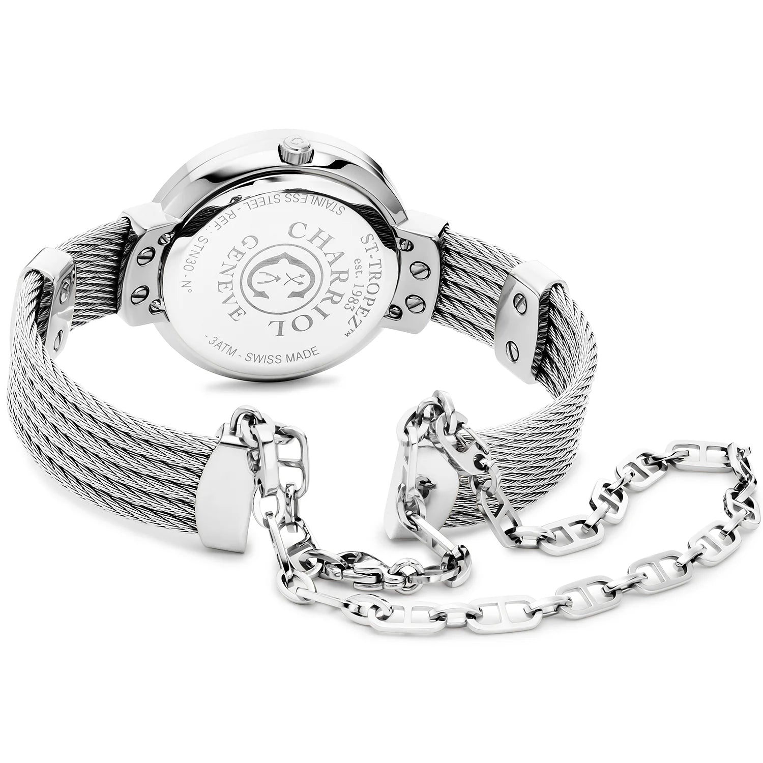 ST TROPEZ30MM, クォーツキャリバー, マザーオブパール 10個のダイヤモンドをあしらった文字盤, "CHARRIOL CHARRIOL " ベゼル、スティール製ケーブルブレスレット -Charriol ジュネーブ - 時計