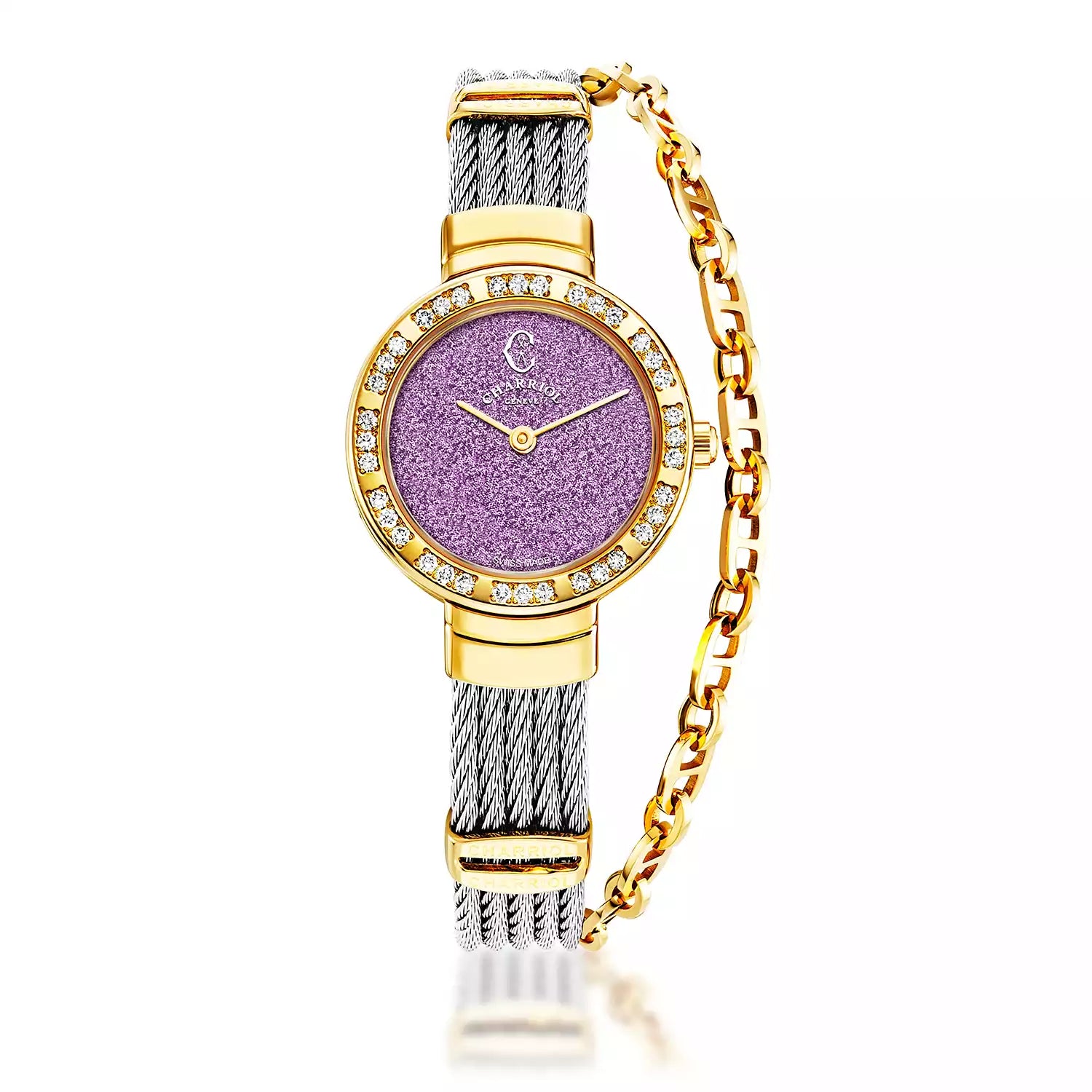 ST TROPEZ GLITTERS, 25MM, QUARTZ CALIBRE, PURPLE GLITTER DIAL, YELLOW GOLD PVD WITH 36 DIAMONDS BEZEL, STEEL CABLE BRACELET - Charriol Geneve -  Watch