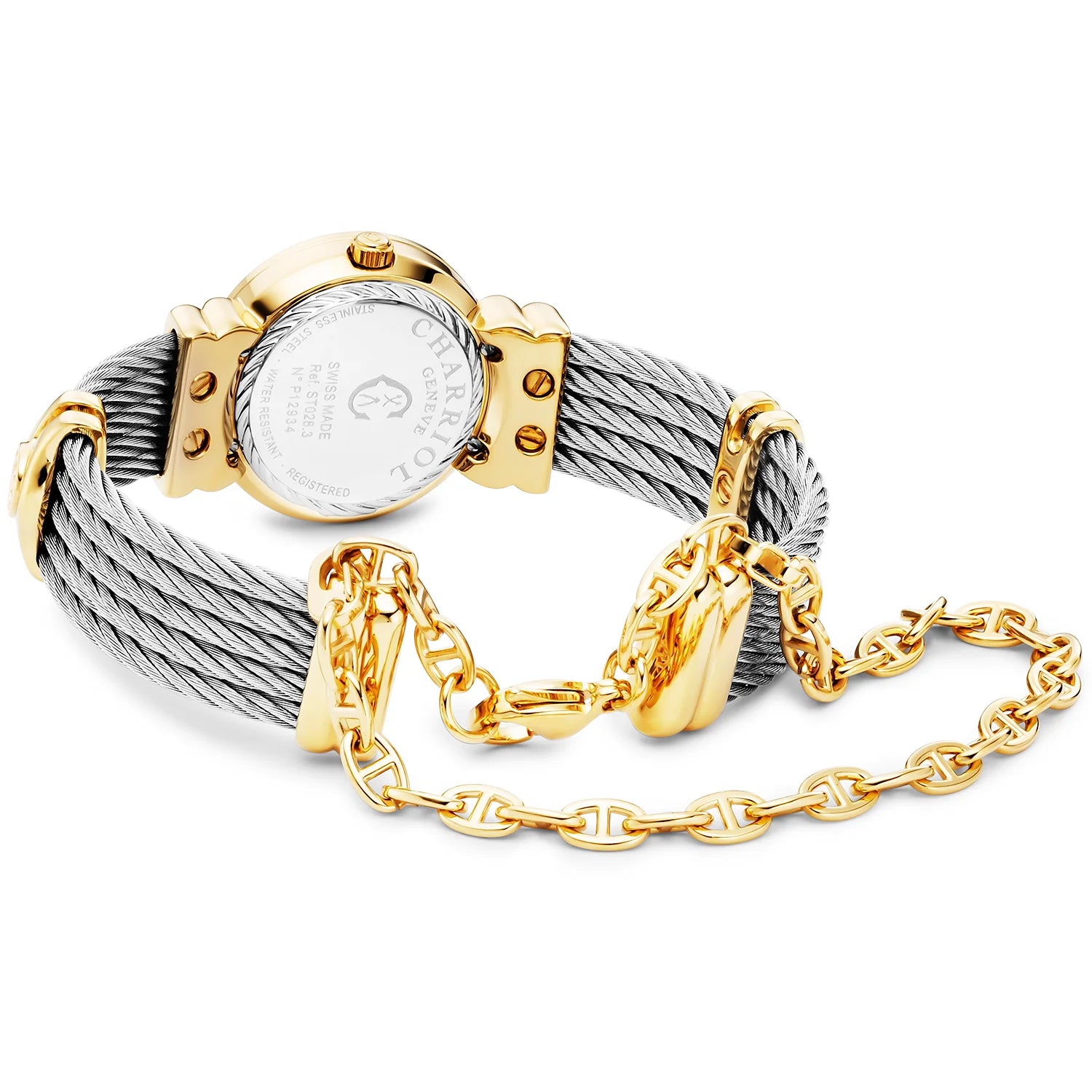 St Tropez Icon 24.5mm 時計 イエローゴールド、スティールケーブル、Charriol ベゼル、12個のダイヤモンド ホワイト MOP ダイヤル -Charriol ジュネーブ - ウォッチ