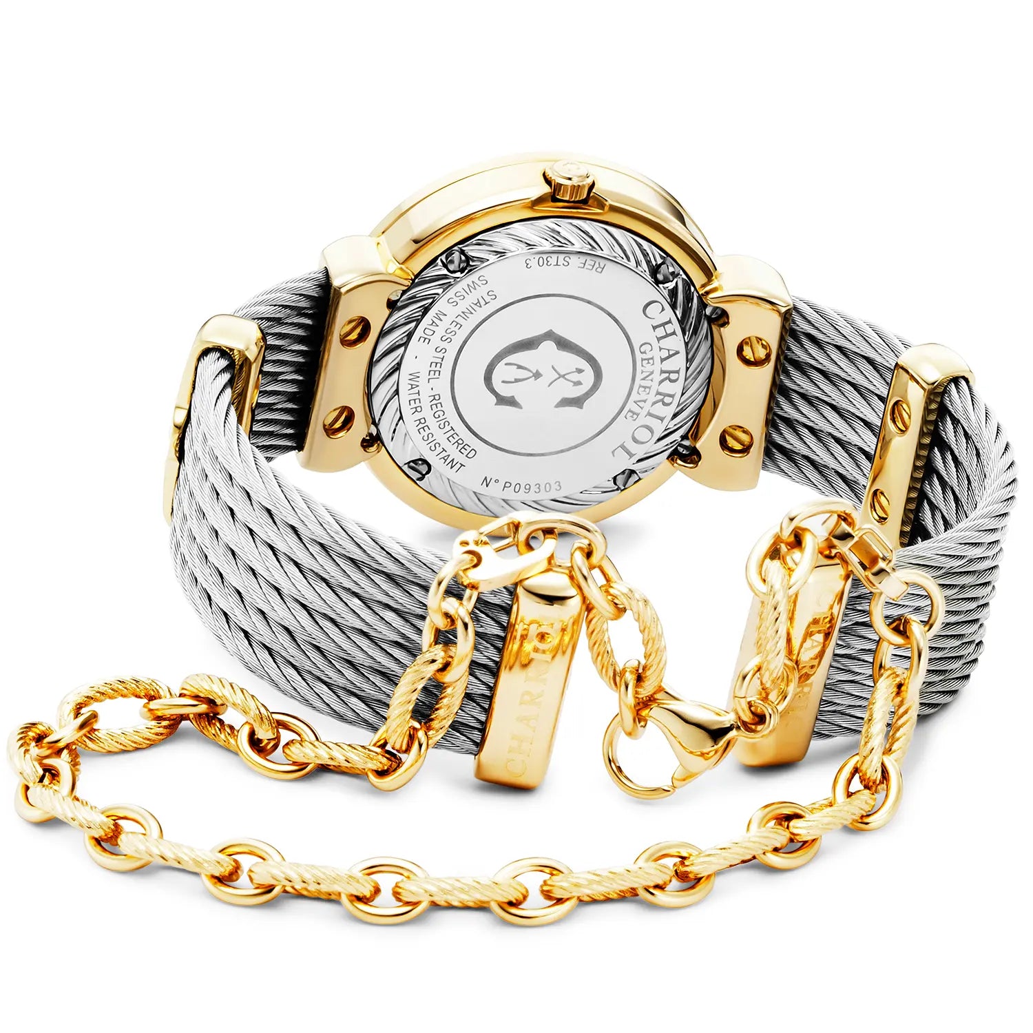 ST TROPEZ アイコン、30MM、クォーツキャリバー、マザーオブパールヒビスカスダイヤル、マザーオブパールウィズ8ダイヤモンドベゼル、スティールケーブルブレスレット -Charriol ジュネーブ - 時計