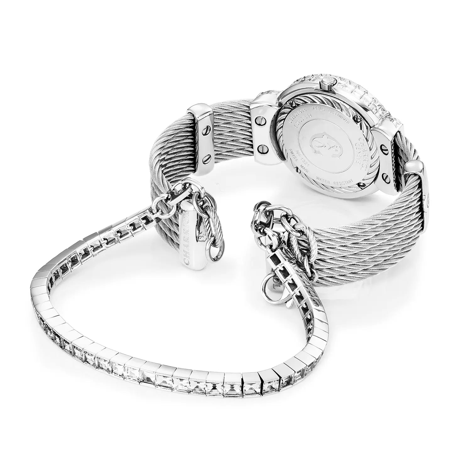 ST TROPEZ ICON, 30MM, QUARTZ CALIBRE, MOTHER-OF-PEARL WITH 11 DIAMONDS BAGUETTES, FULL DIAMONDS BAGUETTES BEZEL, STEEL CABLE WITH DIAMONDS BAGUETTES BRACELET - Charriol Geneve -  Watch