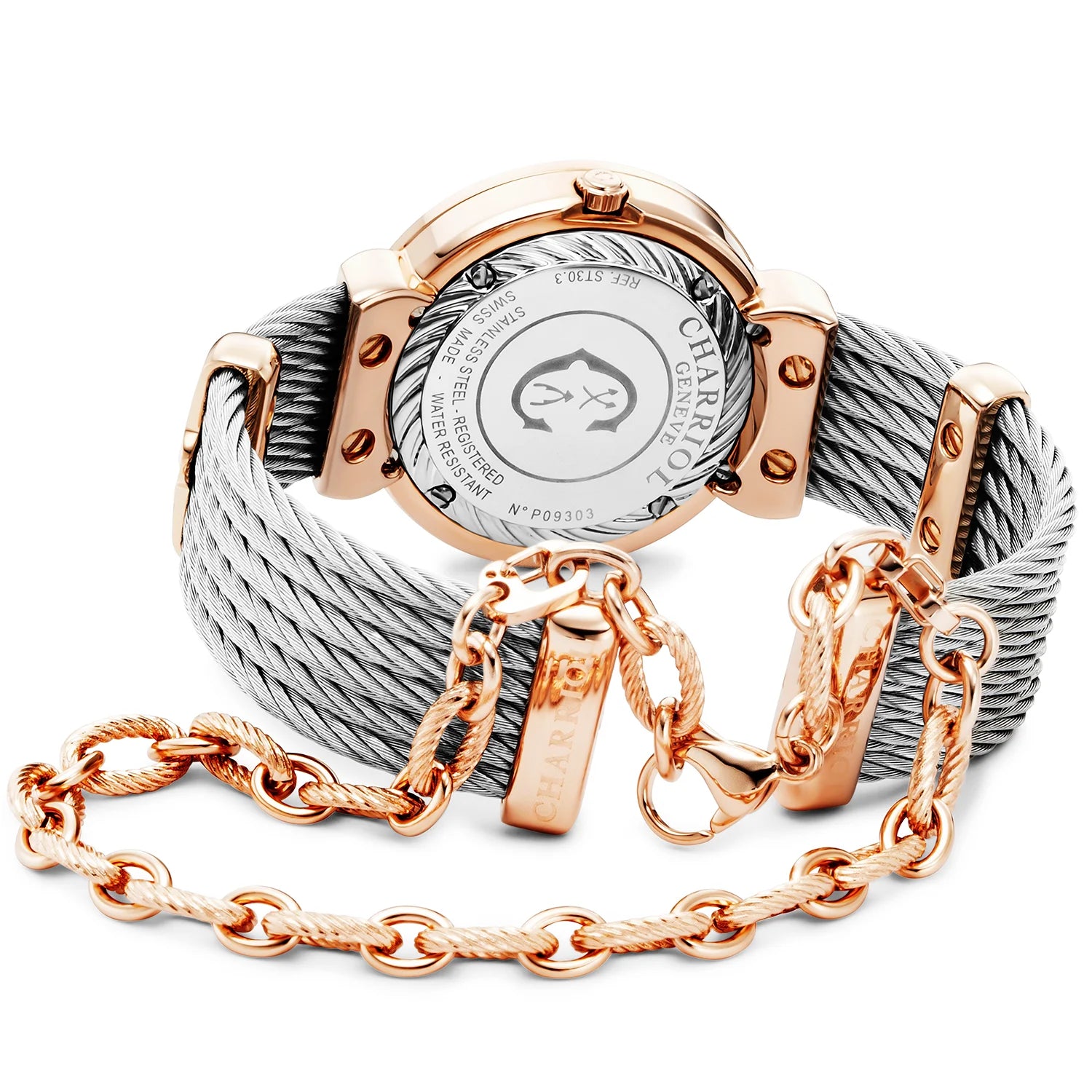 ST TROPEZ ICON, 30MM, クォーツキャリバー、マザーオブパール、11個のダイヤモンド、"CHARRIOL CHARRIOL " ベゼル、スティール製ケーブルブレスレット -Charriol ジュネーブ - 時計