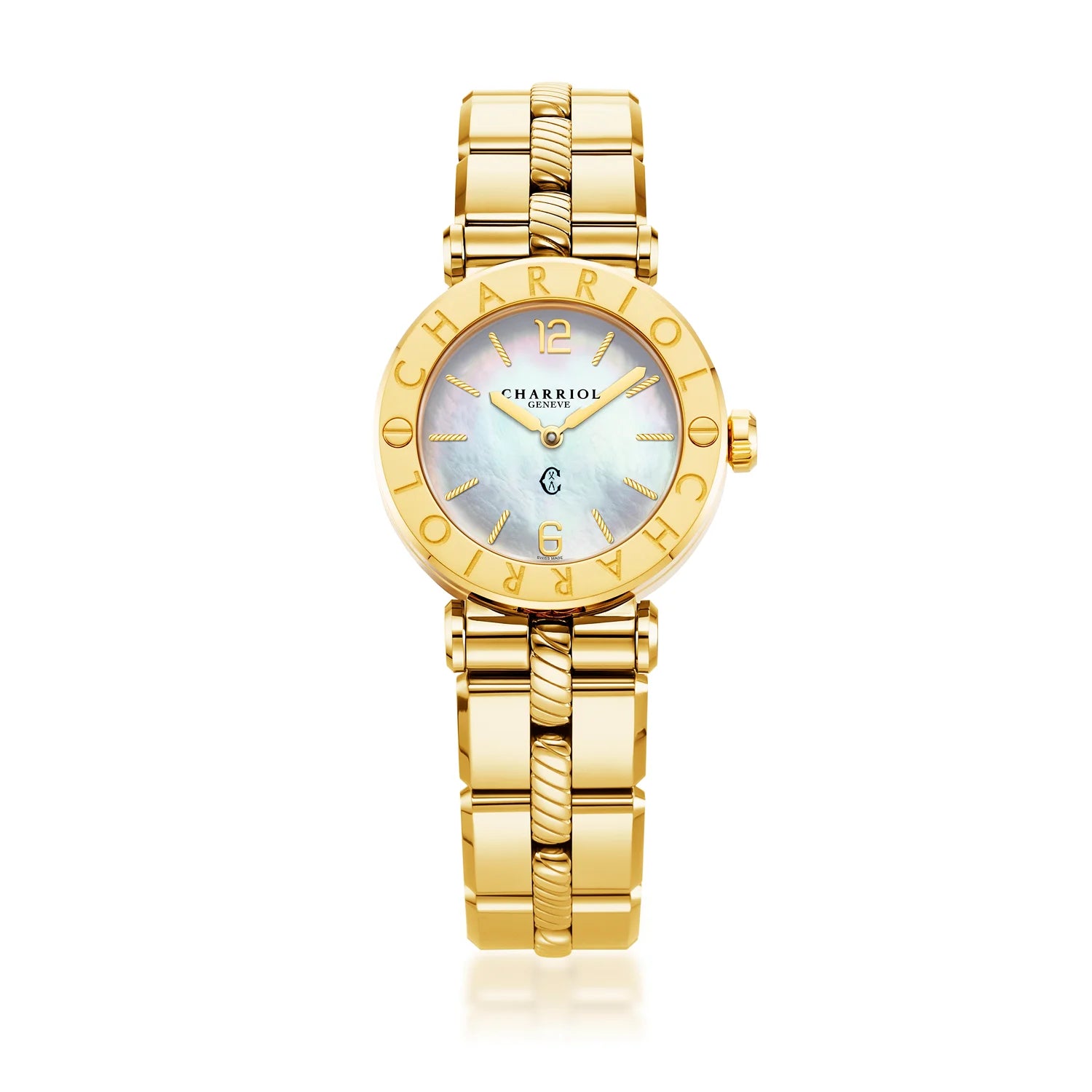 St Tropez Cruise Watch White and Yellow GoldSt TropezCruise 28mm 時計 イエローゴールド ブレスレット、イエローゴールド＆2ビスベゼル、ホワイトMOPダイヤル -Charriol Geneve - 時計