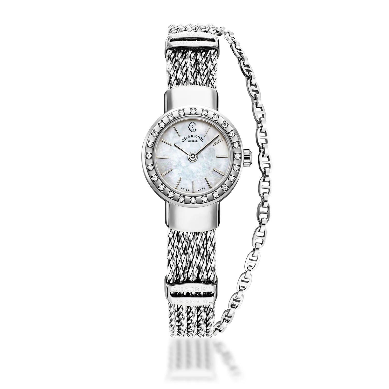 ST TROPEZ, 20MM, QUARTZ CALIBRE, MOTHER-OF-PEARL DIAL, STEEL WITH 24 DIAMONDS BEZEL, STEEL CABLE BRACELET - Charriol Geneve -  Watch