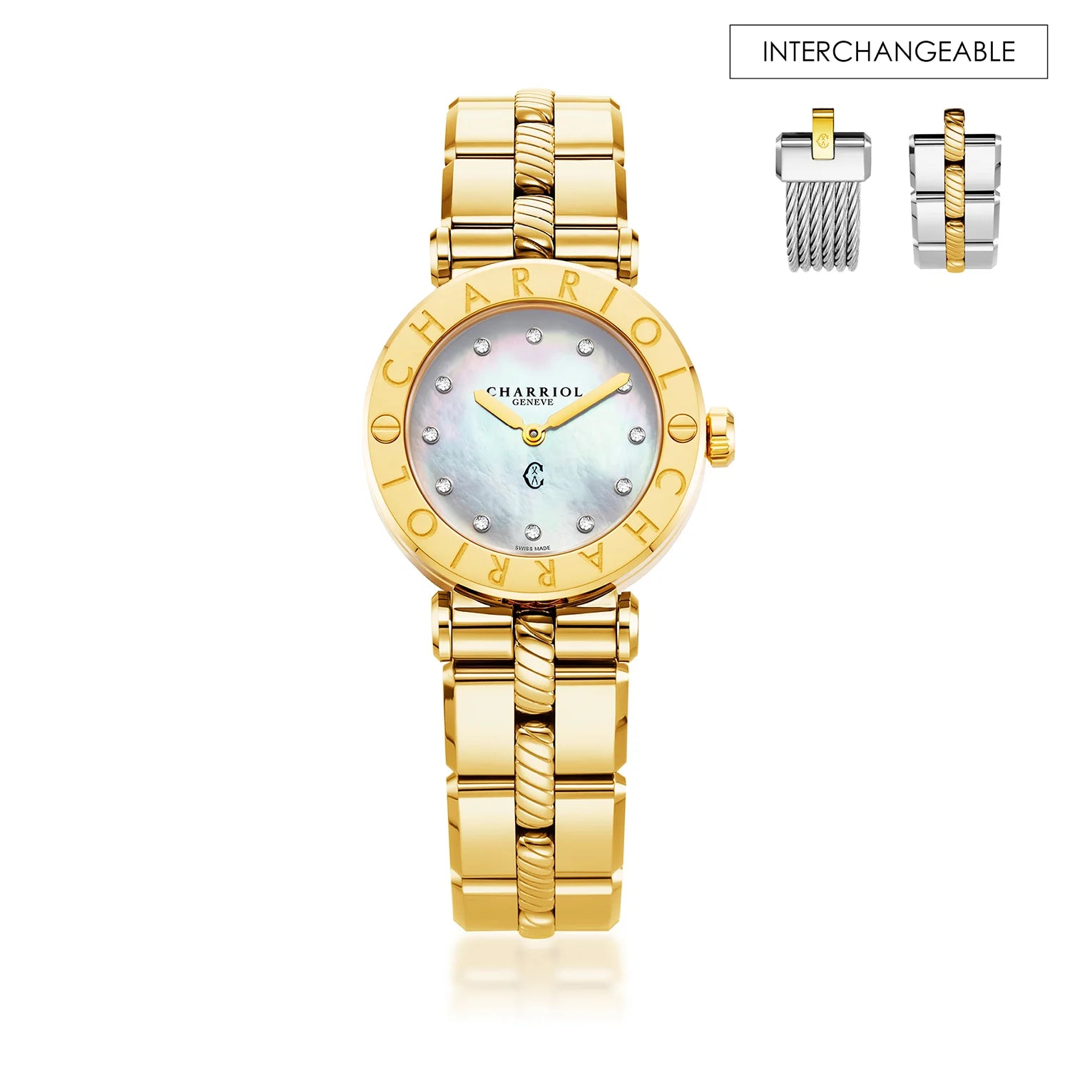 NAVIGATOR CRUISE, 28MM, QUARTZ CALIBRE, MOTHER-OF-PEARL WITH 12 DIAMONDS DIAL, "CHARRIOL CHARRIOL" BEZEL, STEEL YELLOW GOLD PVD INTERCHANGEABLE BRACELET - Charriol Geneve -  Watch