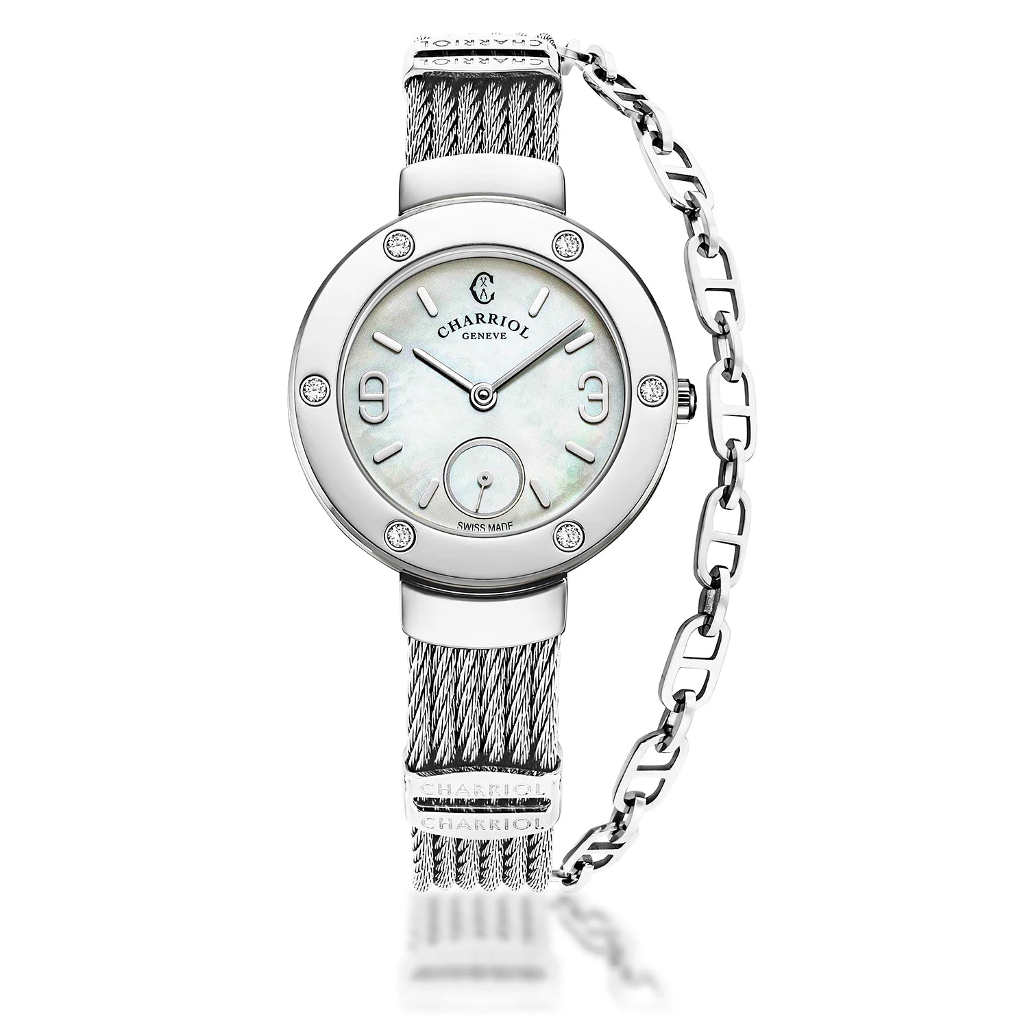 ST TROPEZ, 30MM, QUARTZ CALIBRE, MOTHER-OF-PEARL DIAL, STEEL WITH 6 DIAMONDS BEZEL, STEEL CABLE BRACELET - Charriol Geneve -  Watch