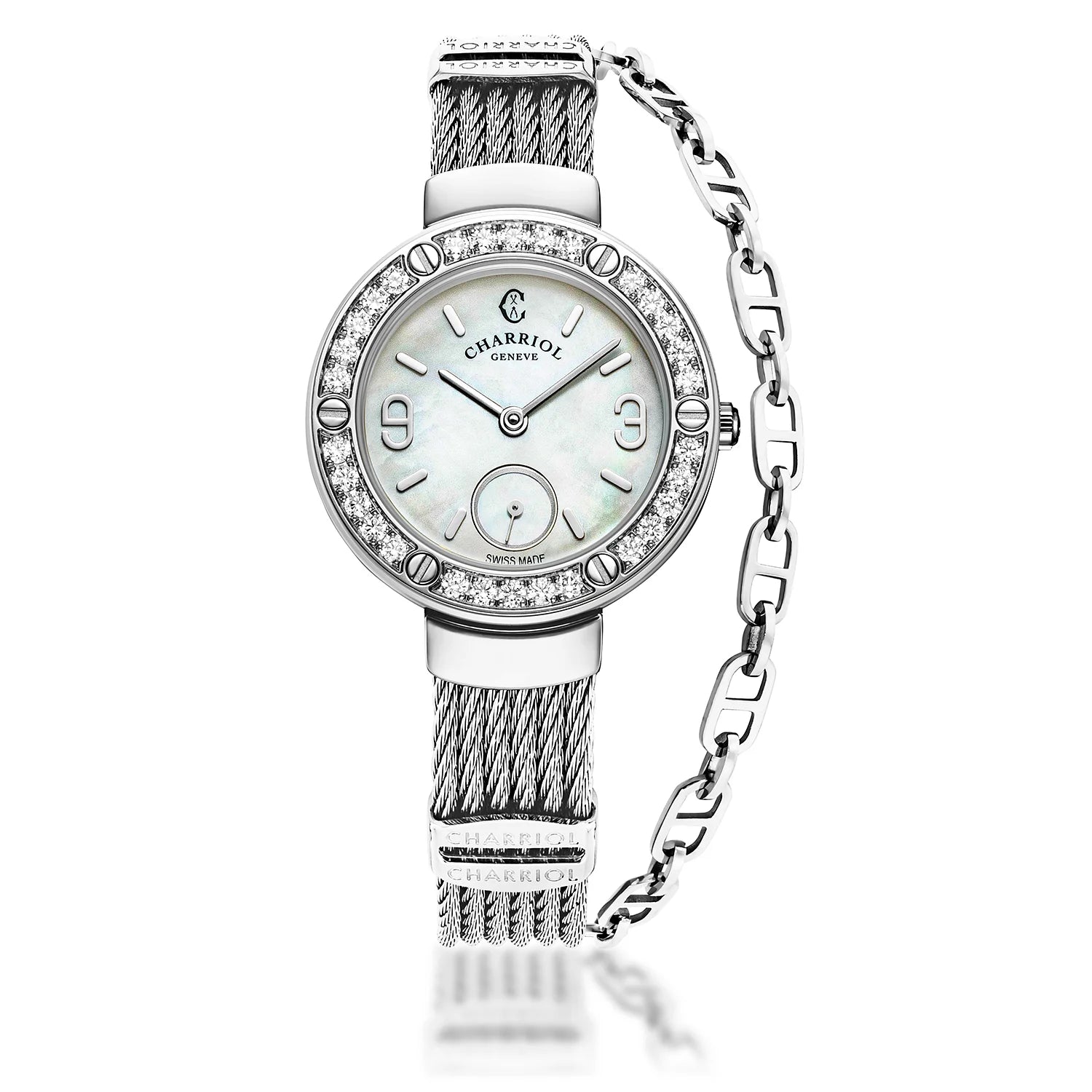 ST TROPEZ, 30MM, QUARTZ CALIBRE, WHITE MOTHER-OF-PEARL DIAL, STEEL WITH 30 DIAMONDS BEZEL, STEEL CABLE BRACELET - Charriol Geneve -  Watch